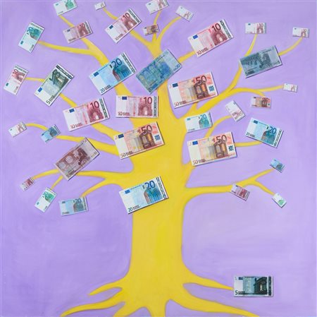 Laura Pacini (1952) L'euro, 2011 Olio e collage su tela cm. 100x100 Sul...