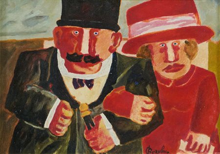 Franz Borghese (Roma, 1941 - Roma, 2005) Coniugi Olio su tela cm. 24x33,5...