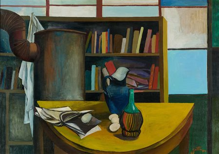Renato Guttuso (Bagheria (Pa), 1912 - Roma, 1987) Studio - interno con stufa,...