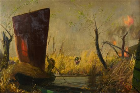 Pietro Annigoni (Milano, 1910 - Firenze, 1988) L'incendio del falasco Olio su...