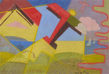 Giulio D'Anna (Villa Rosa, 1908 - Messina, 1978) Paesaggio simultaneo + aereo...