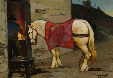 Cafiero Filippelli (Livorno, 1889 - 1973) Maniscalco e cavalo Olio su tavola...