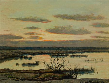 Gino Romiti (Livorno, 1881 - 1967) Paesaggio al tramonto, 1964 Olio su...