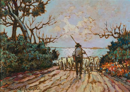 Gino Romiti (Livorno, 1881 - 1967) Pastore con gregge Olio su tavola cm....