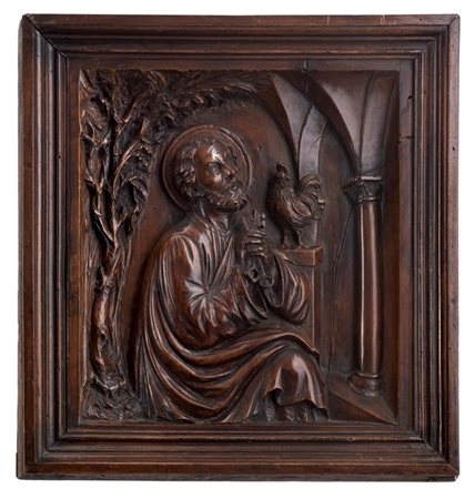 Maestro del secolo XVII. "San Pietro" altorilievo in legno scolpito, il santo r