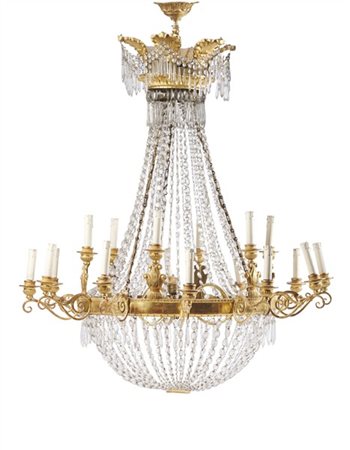 Lampadario a mongolfiera in metallo, legno e stucco dorato a diciannove luci co