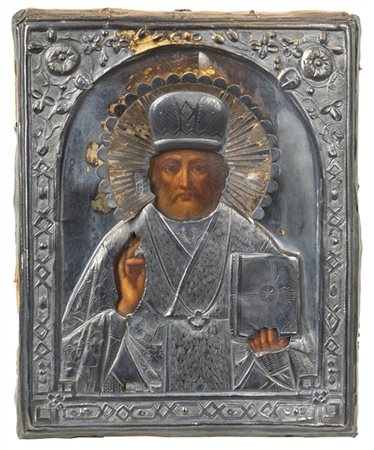 Arte russa, secolo XIX. Icona a tempera su tavola raffigurante San Nicola con r
