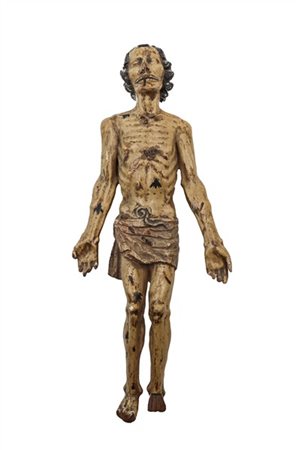 Arte tedesca, fine secolo XVI. "Vanitas" scultura in legno dipinto raffigurante