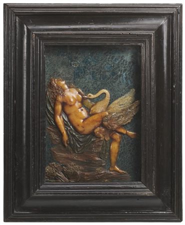 Ceroplasta del secolo XVIII. Composizione in cera policroma raffigurante Leda e