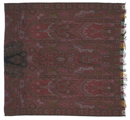 Frammento di scialle Kashmir, Francia, secolo XIX. Tessuto a mano in lana e set