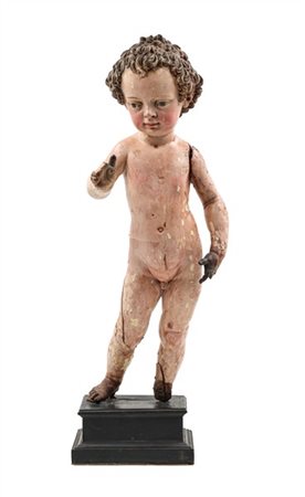 Arte fiamminga, fine secolo XVI. Figura di Gesù Bambino benedicente in legno in