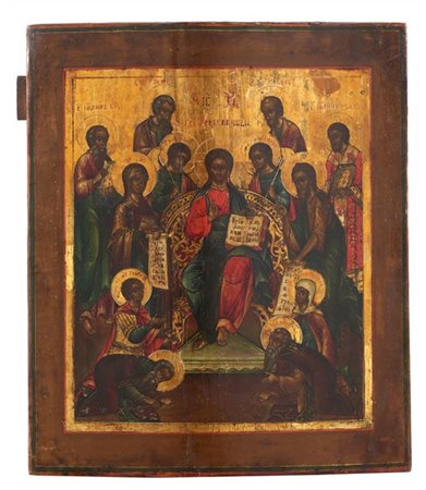 Arte russa, secolo XIX. Icona a tempera su tavola raffigurante Deesis (cm 27x32