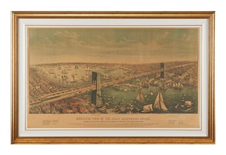 Cromolitografia raffigurante il ponte di Brooklyn, applicata su cartoncino, edi