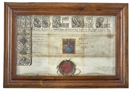 Manoscritto nobiliare del 1609 su pergamena decorato da miniatura con stemma ar