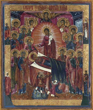 Arte russa, secolo XIX. Icona a tempera su tavola raffigurante la Dormizione de