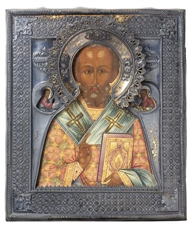 Arte russa, secolo XIX. Icona a tempera su tavola raffigurante San Nicola bened