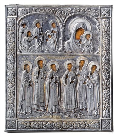 Arte russa, secolo XX. Icona a tempera su tavola con riza in argento raffiguran