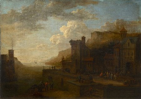 HENDRIK VAN MINDERHOUT (attr.)

"Veduta di porto con città"
olio su tela (cm 40x