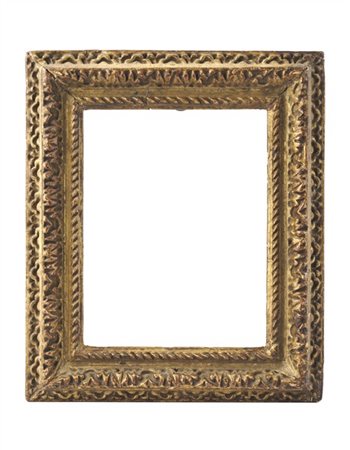 Cornice in legno intagliato e dorato a doppio ordine con bordure cordonate e a