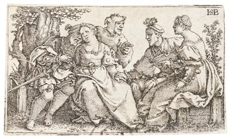 Hans Sebald Beham "Il buffone e gli amanti"
bulino (mm 31x49 il foglio)
in corni