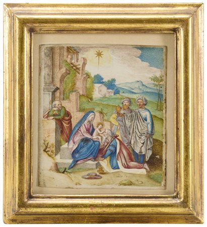 Artista del secolo XVII

"Adorazione dei Magi"
tempera su pergamena (cm 14,5x12