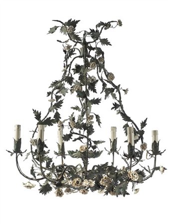 Lampadario a sei fiamme in ferro battuto e laccato in forma di cesto decorato d