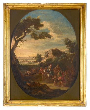 Scuola del secolo XVIII

Coppia di dipinti raffiguranti "Fuga in Egitto" e "Eli