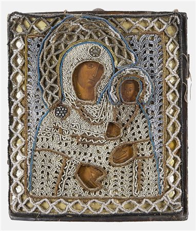Arte russa, secolo XIX-XX. Icona raffigurante Madonna con Bambino, tempera su t
