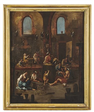 Ambito di Alessandro Magnasco    "Scena di interno con figure e gazza"