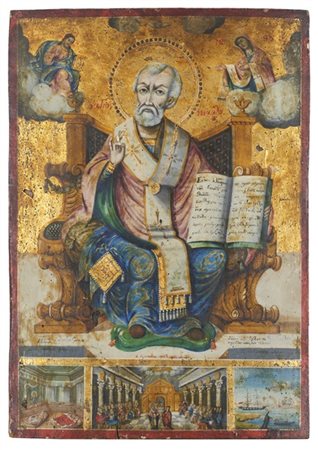 Arte russa, secolo XIX. Icona a tempera su tavola raffigurante San Nicola in tr