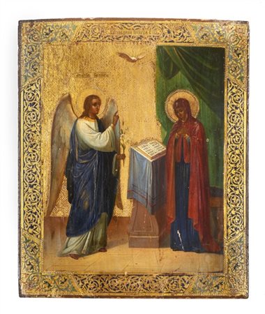 Arte russa, secolo XIX. Icona a tempera su tavola raffigurante l'Annunciazione