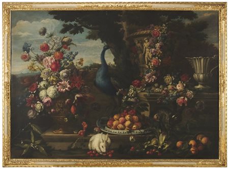 Maestro romano del secolo XVIII

"Composizione con vasi istoriati, pavone, coni