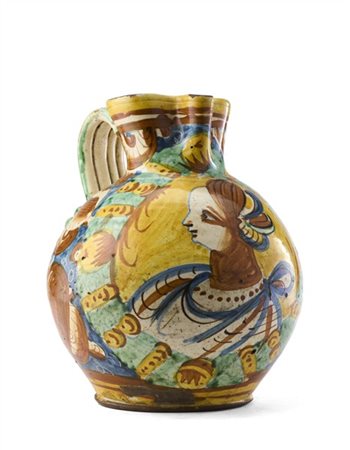 Manifattura di Montelupo, secolo XVI. Brocca in maiolica dipinta in policromia