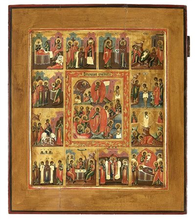 Arte russa, secolo XIX. Icona a tempera su tavola raffigurante Resurrezione di