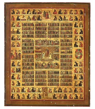 Arte russa, secolo XIX. Icona a tempera su tavola raffigurante Menologio e le d