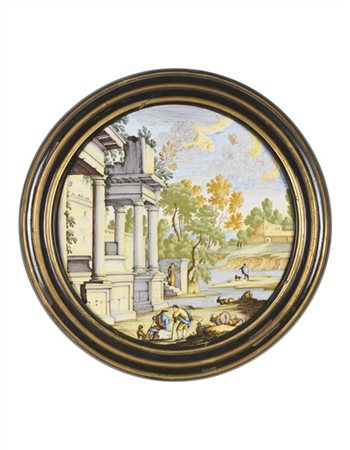 Manifattura di Castelli, secolo XVIII. Placca circolare in maiolica dipinta in