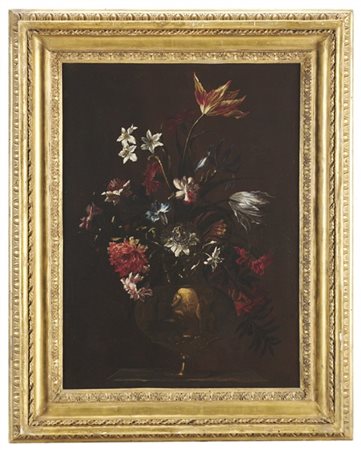 Maestro napoletano del secolo XVII

"Vaso di fiori istoriato"
olio su tela (cm