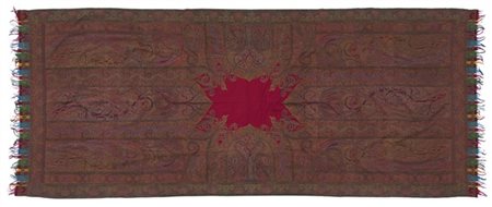 Scialle Kashmir, India, secolo XIX. Spolinato a mano in lana e seta. Riserva ro