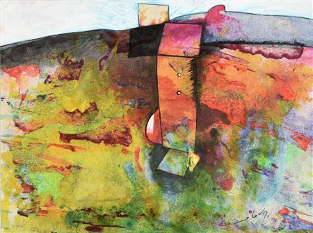 Gianni Dova (1925 - 1991) SENZA TITOLO acquerello e china su carta applicata...
