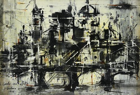 Piero Garino (1922 - 2009) PAESAGGIO URBANO, 1958 olio su masonite, cm 16x24...