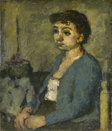 Domenico Cantatore (1906 - 1998) DONNA DAL GIUBBETTO AZZURRO, 1944 olio su tela, cm 58x48,5...
