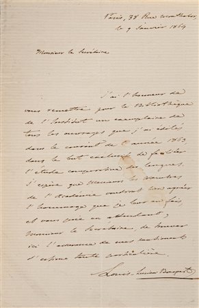 BONAPARTE LUCIEN-LOUIS-JOSEPH-NAPOLÉON - Lettera autografa di una facciata di...
