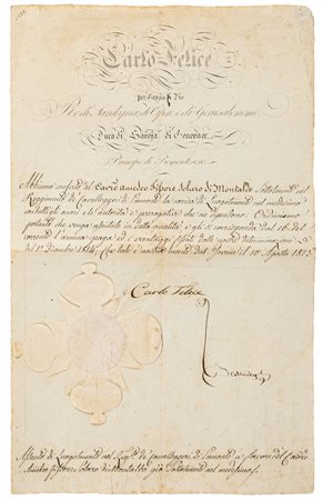 CARLO FELICE DI SAVOIA - Decreto di promozione da Sottotenente a Luogotenente...