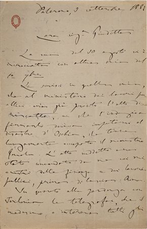 CRISPI FRANCESCO - Lettera manoscrittaDatata Palermo 9 settembre 1881Lettera...