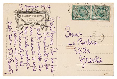 DI GIACOMO SALVATORE - CARTOLINA Indirizzata all'Editore La Barbera nella...