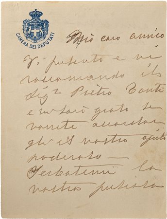 GARIBALDI MENOTTI - BREVE LETTERA DI PRESENTAZIONE E RACCOMANDAZIONE ad un...