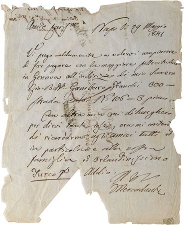 MERCADANTE GIUSEPPE SAVERIO RAFFAELE (1795 - 1870) - Lettera autografa con...