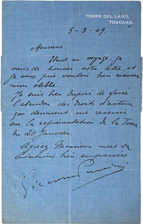 PUCCINI GIACOMO - LETTERA AUTOGRAFA CON FIRMA DI PUGNODatata 5 marzo 190924,7...