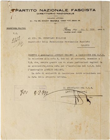 STARACE ACHILLE - Lettera dattiloscritta su carta intestata P.N.F indirizzata...