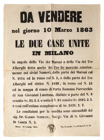 MILANO - MANIFESTO DI VENDITA IMMOBILIARE DEL 1863Milano, 16 gennaio 186342 x...
